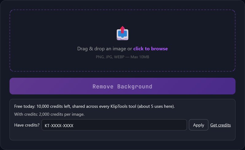 KlipTools Background Remover upload interface, ready to drag and drop an image