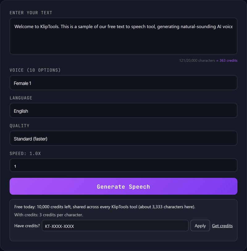 KlipTools Text to Speech tool with sample text entered, showing voice, language, and quality options