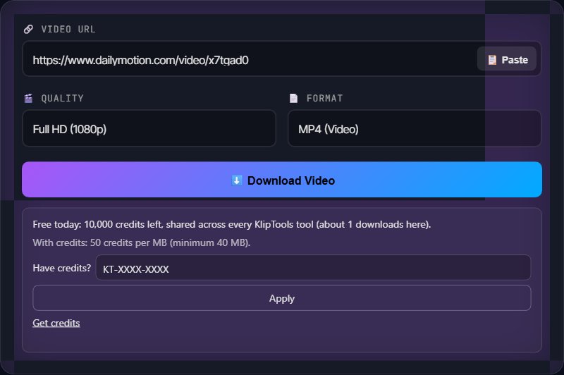 KlipTools video downloader with a Dailymotion video URL pasted in