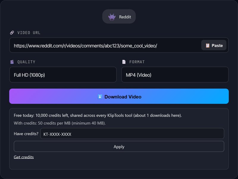 KlipTools video downloader detecting a pasted Reddit video link, ready to download