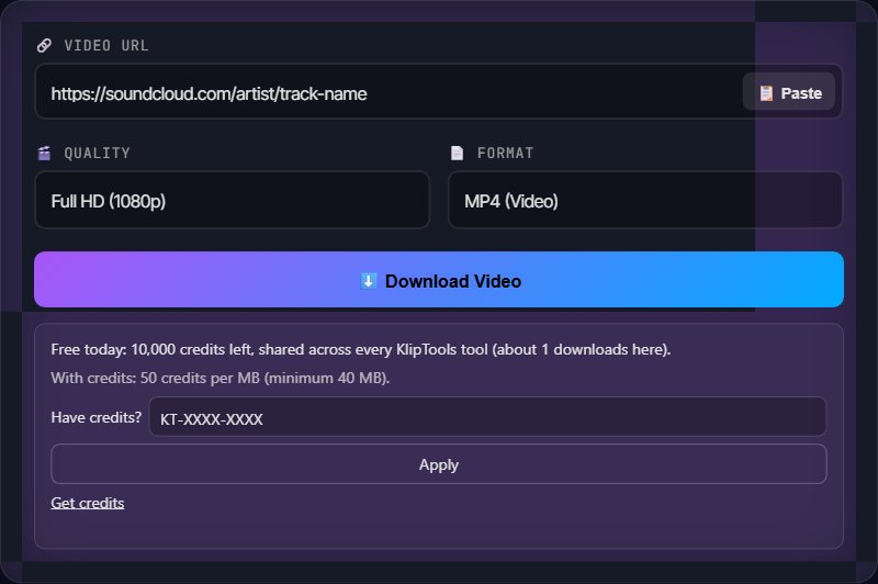 KlipTools video downloader with a SoundCloud track URL pasted in, ready to download as audio