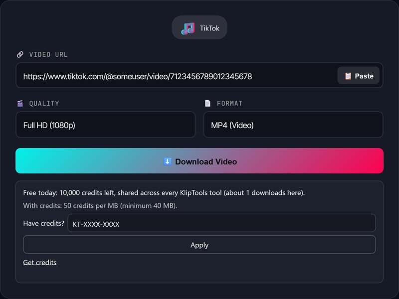 KlipTools video downloader detecting a pasted TikTok link, ready to download without a watermark
