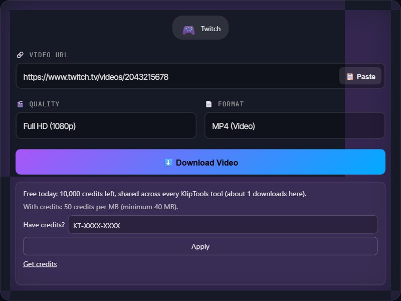 KlipTools video downloader detecting a pasted Twitch VOD link