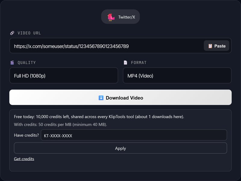 KlipTools video downloader detecting a pasted X (Twitter) video link, ready to download