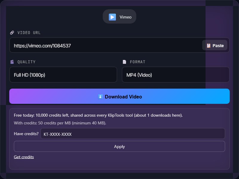 KlipTools video downloader detecting a pasted Vimeo link, ready to download