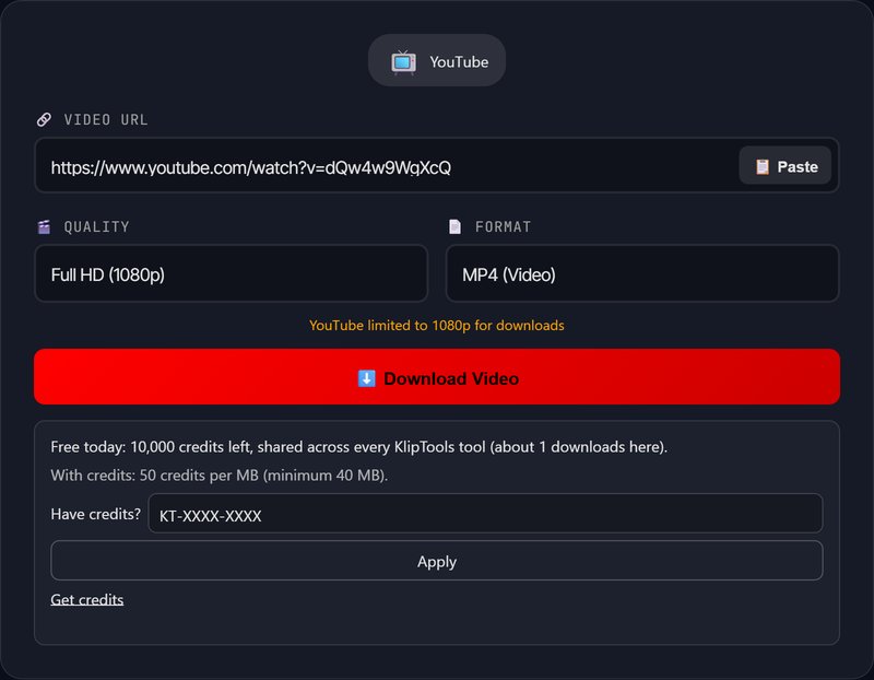 KlipTools video downloader detecting a pasted YouTube Shorts link, ready to download